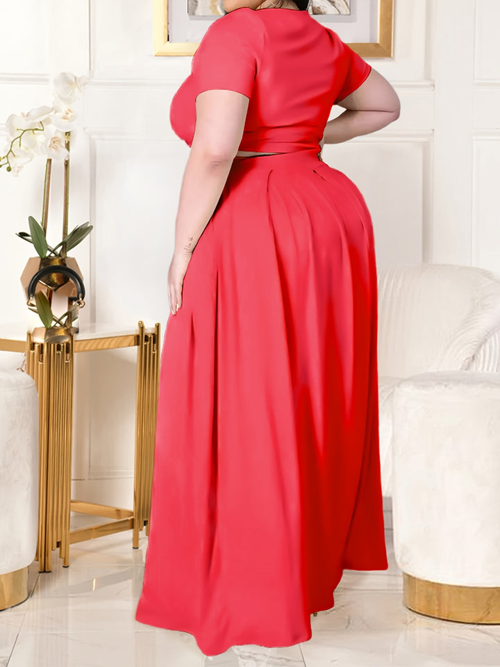 Plus Size Casual Outfits Set, Women's Plus Plain Short Sleeve Crop Top Side Knot & Maxi Skirt Outfits Two Piece Set