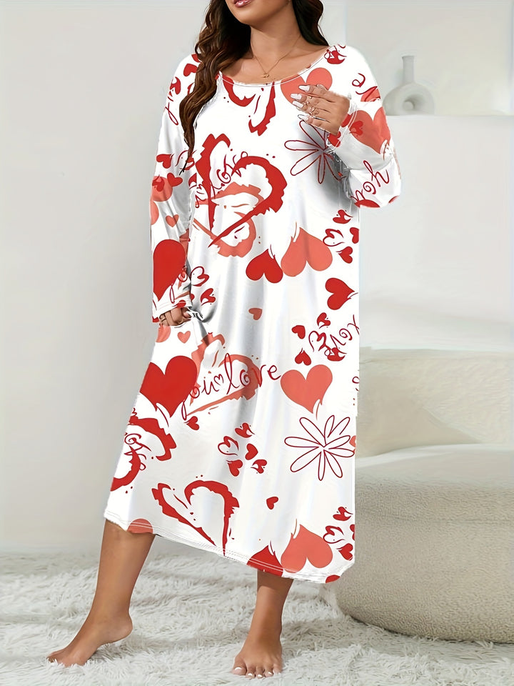 Plus Size Valentine's Day Elegant Loungewear Dress, Women's Plus Floral & Heart Print Long Sleeve Round Neck Sleep Dress