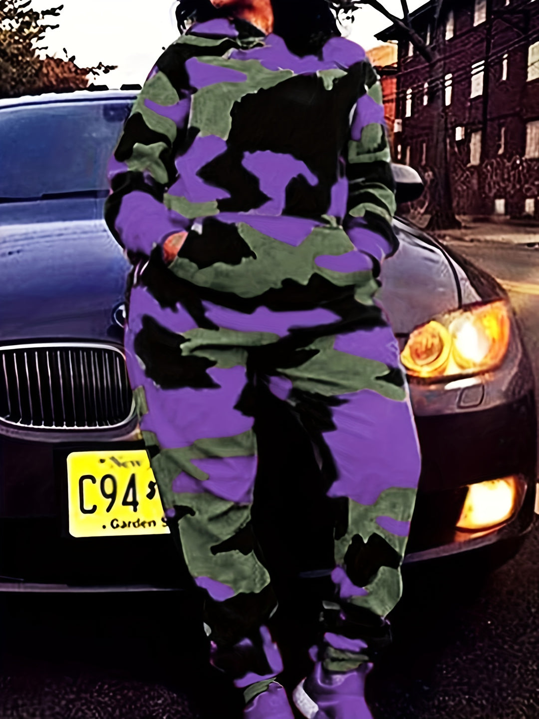 Plus Size Casual Outfits Set, Women's Plus Camo Print Long Sleeve Slight Stretch Hoodie & Joggers Outfits Two Piece Set