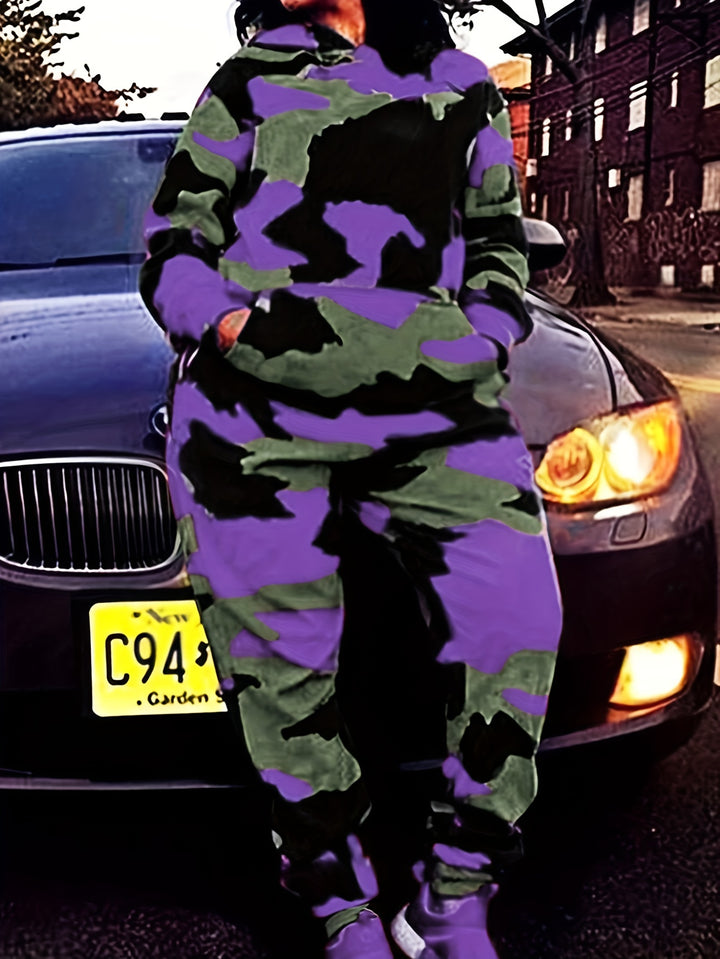 Plus Size Casual Outfits Set, Women's Plus Camo Print Long Sleeve Slight Stretch Hoodie & Joggers Outfits Two Piece Set