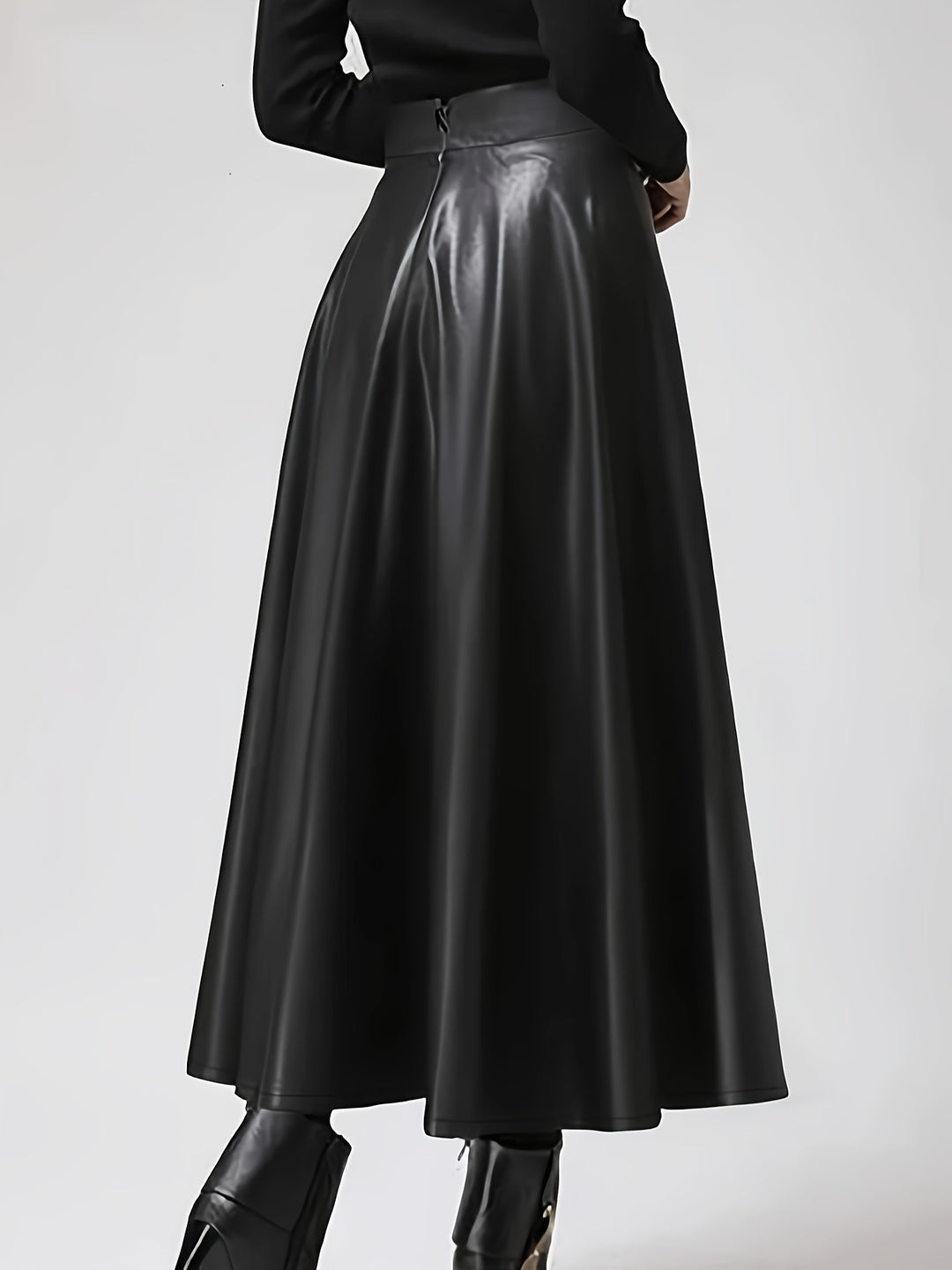 Plus Size Elegant Skirt, Women's Plus Solid PU Leather High Rise Swing A-line Skirt