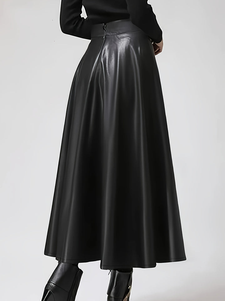 Plus Size Elegant Skirt, Women's Plus Solid PU Leather High Rise Swing A-line Skirt