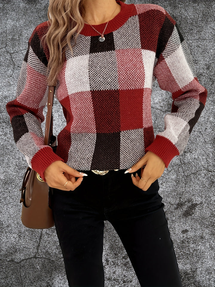 Plaid Pattern Crew Neck Pullover Sweater, Casual Long Sleeve Sweater For Fall & Winter, Women's Clothing