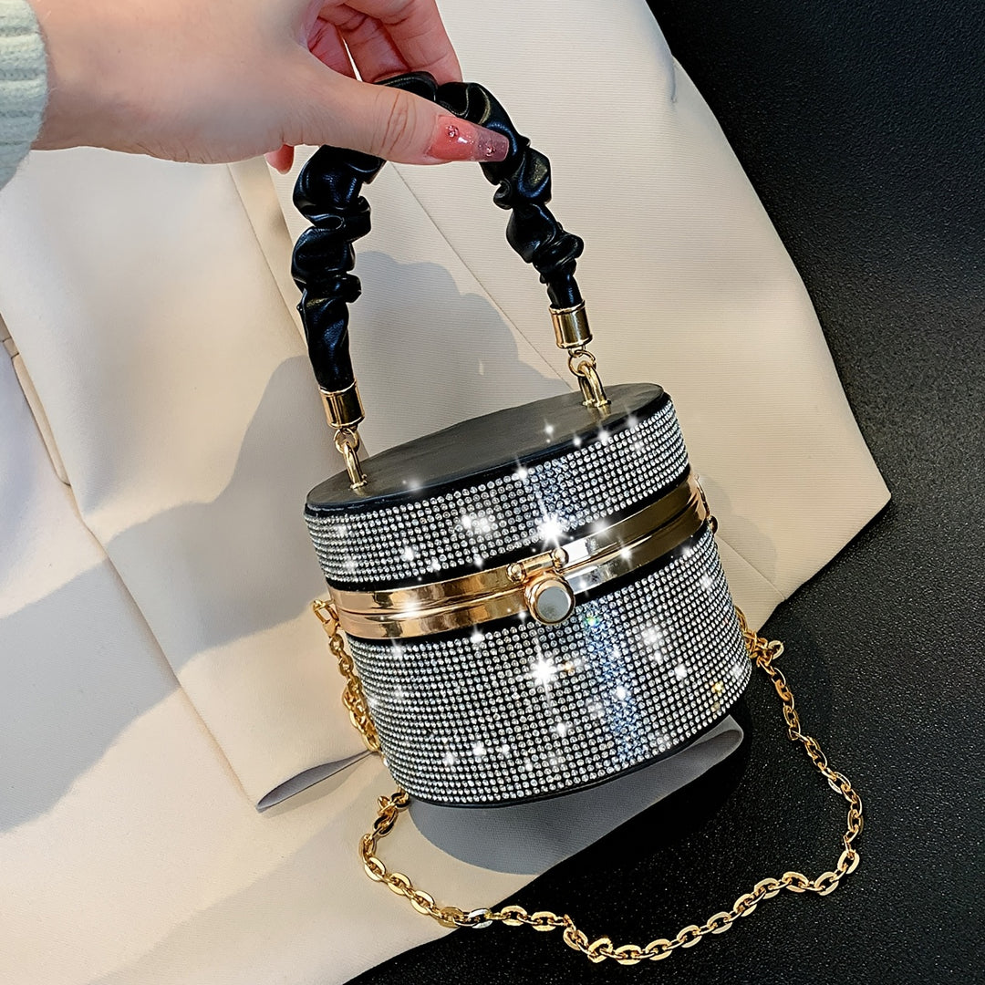 Mini Allover Rhinestone Handbag, Ruched Detail Evening Bucket Bag, Stylish Chain Shoulder Purse For Party (3.9*4.7*4.7) Inch