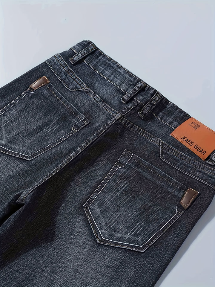 Regular Fit Jeans, Men's Casual Street Style Distressed Medium Stretch Denim Pants For All Seasons