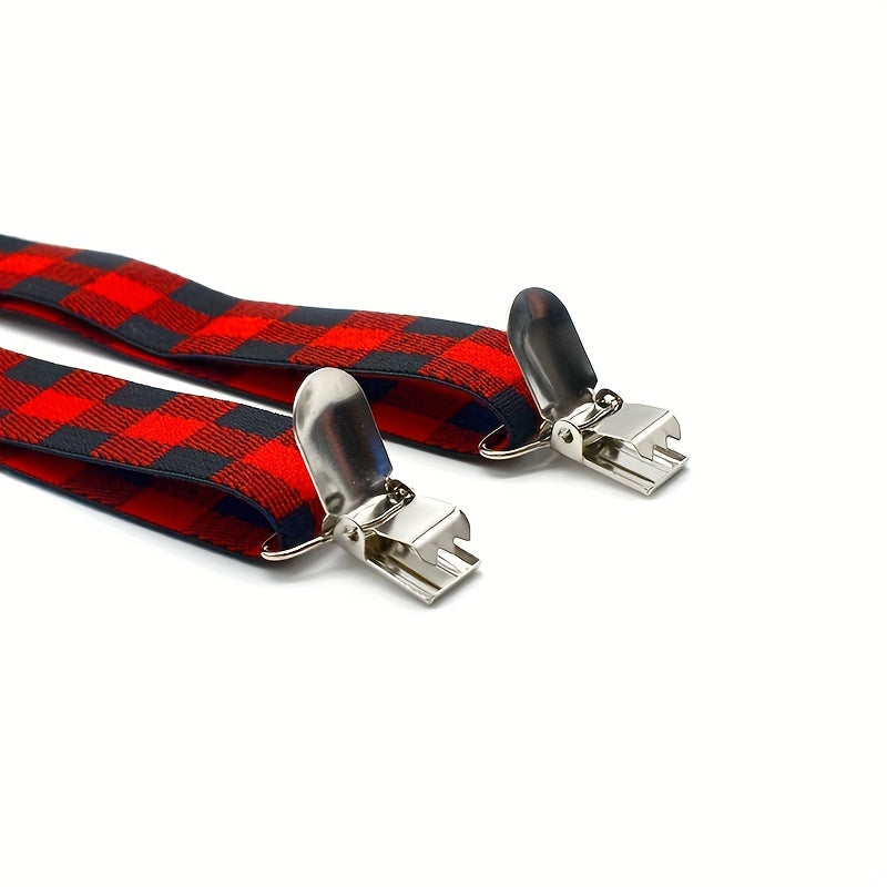 Men's Retro Plaid Suspenders And Bow Tie Set, Adjustable Plaid Suspender, Clothing Accessories, Christmas Party Gifts