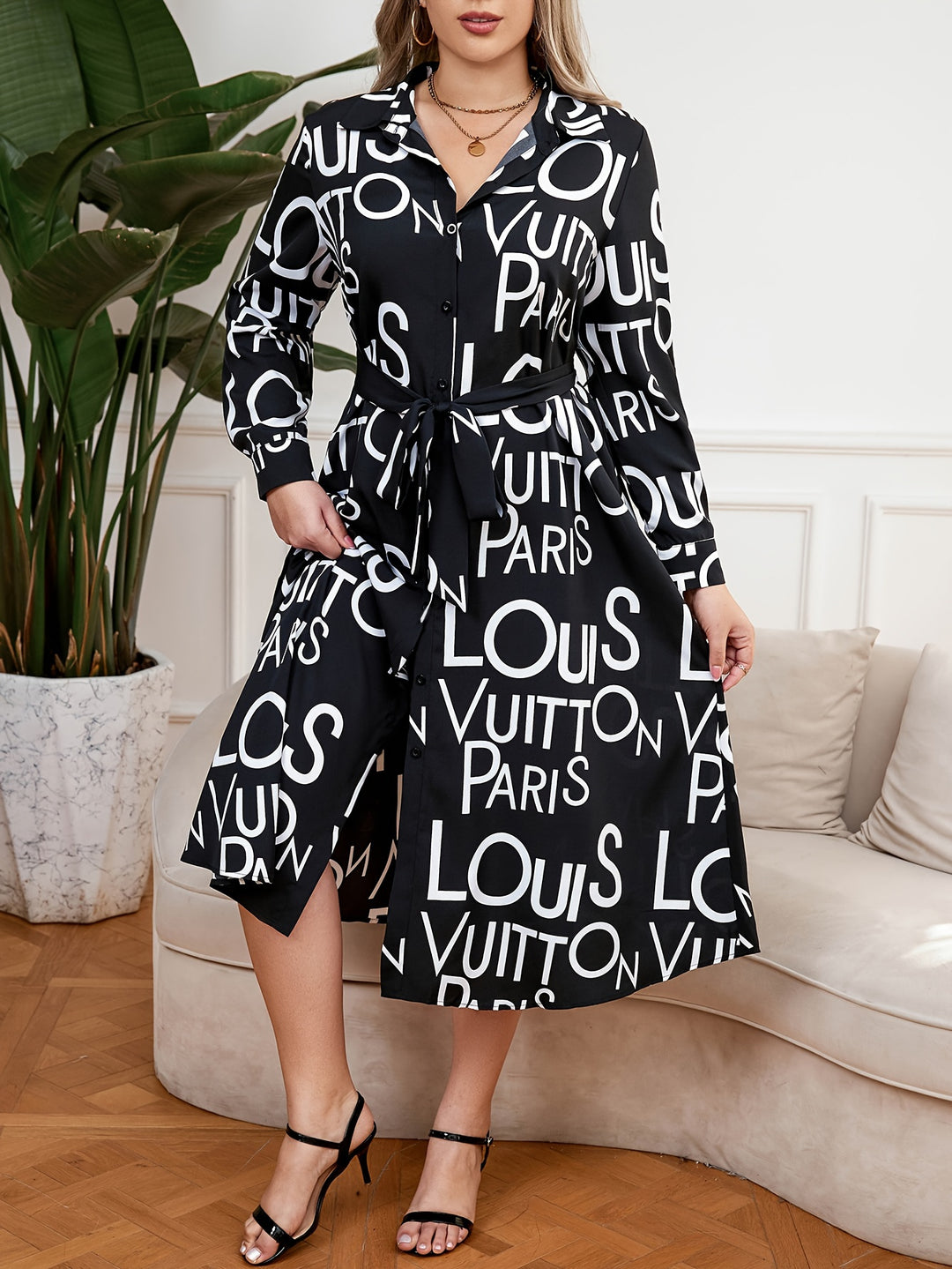 Stylish Plus Size Dress with Letter Print and Belted Design, Perfect for Casual Wear - Women's Plus Size Clothing