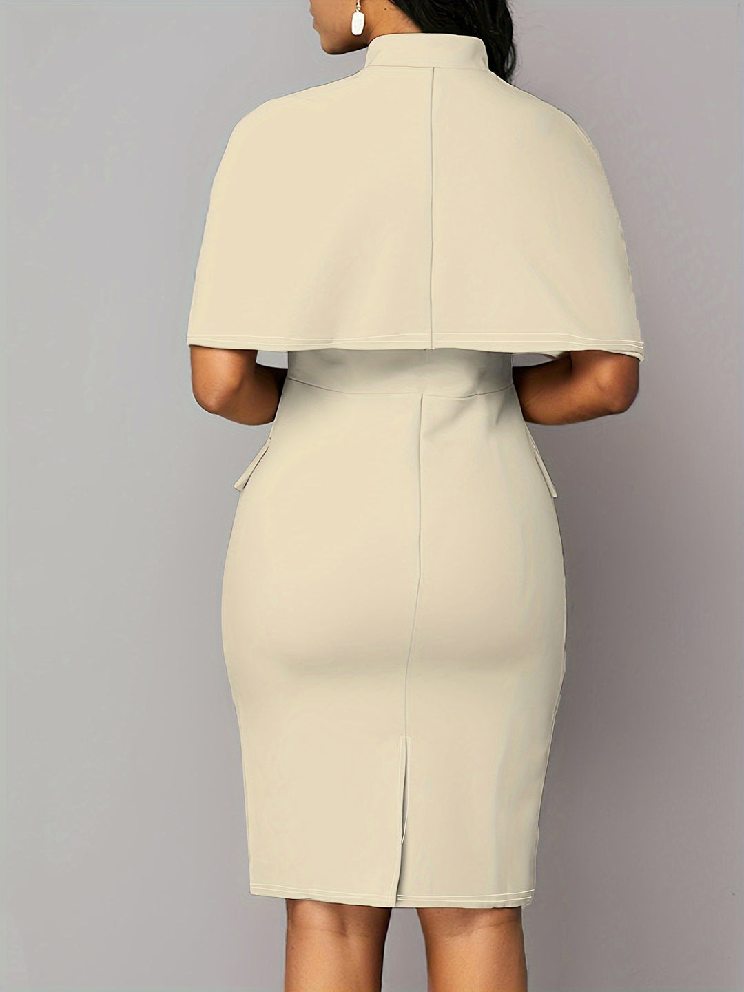 Women's Elegant Outfits Set, Plus Size Solid Double Breast Button Stand Collar Shawl Coat & Tank Bodycon Dress Outfits Two Piece Set