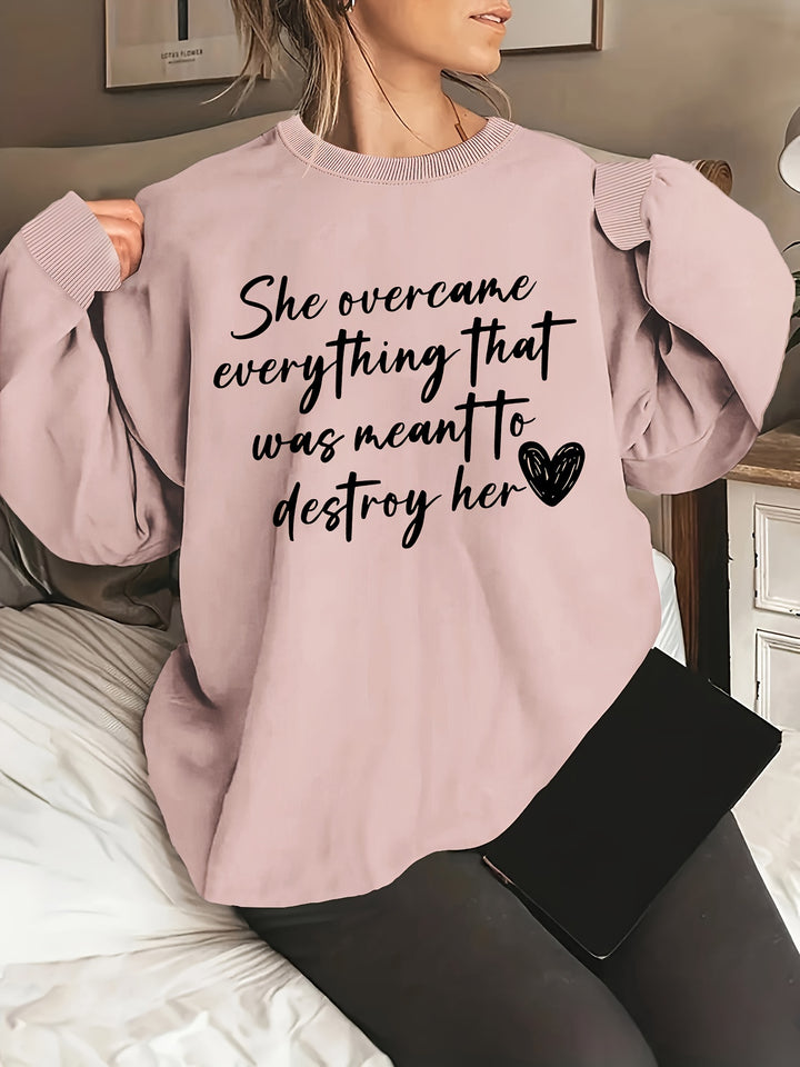 Plus Size Heart & Letter Print Sweatshirt, Casual Long Sleeve Crew Neck Sweatshirt, Women's Plus Size Clothing