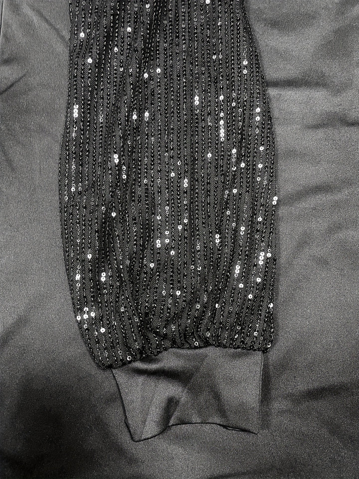 Plus Size Contrast Sequin Long Sleeve Wide Leg Jumpsuit, Women's Plus High Stretch Elegant Party Jumpsuit