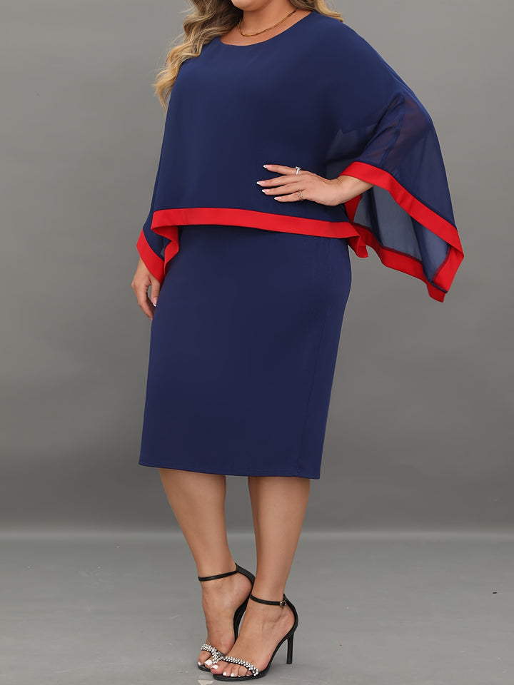 Elegant Plus Size Bodycon Dress with Cape Sleeves and Contrast Trim, Perfect for All Seasons, Women's Plus Size Clothing