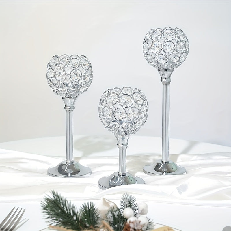 3 Pcs Crystal Candle Holder 3 Sizes Tea Light Candlestick Holders For Wedding Table Centerpiece, Table Decor, Tealight Candlestick Holder For Fireplace Candelabra, Home Living Room Decor,Candlestick Holders Metal Wedding Polished Tabletop