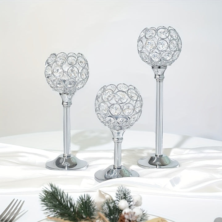 3 Pcs Crystal Candle Holder 3 Sizes Tea Light Candlestick Holders For Wedding Table Centerpiece, Table Decor, Tealight Candlestick Holder For Fireplace Candelabra, Home Living Room Decor,Candlestick Holders Metal Wedding Polished Tabletop