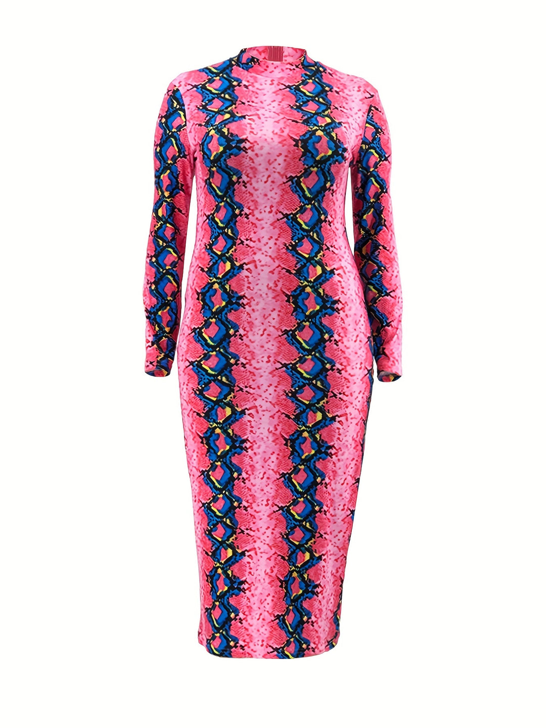 Plus Size Trendy Dress, Women's Plus Snake Print Long Sleeve Mock Neck Bodycon Midi Dress
