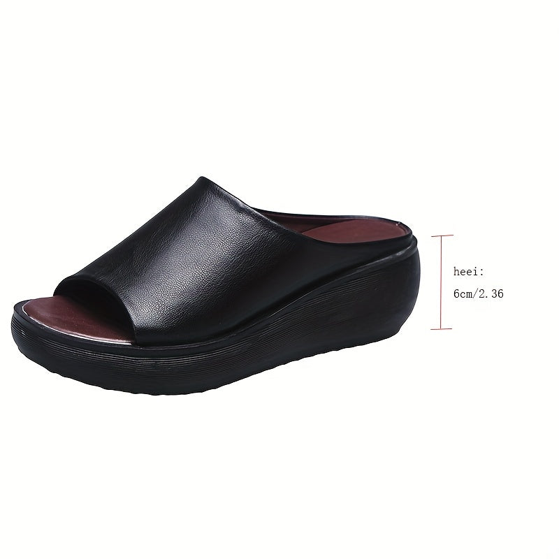 Women's Wedge Sandals, Slip On Open Toe Soft Sole Wear-resistant Slides, Faux Leather Platform Slides