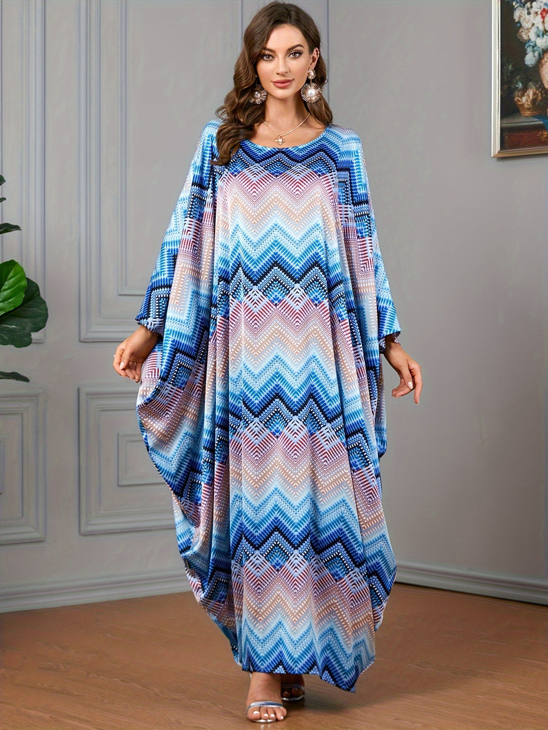 Plus Size Colorblock Stripe Print Kaftan Dress, Elegant Crew Neck Batwing Sleeve Maxi Dress, Women's Plus Size Clothing
