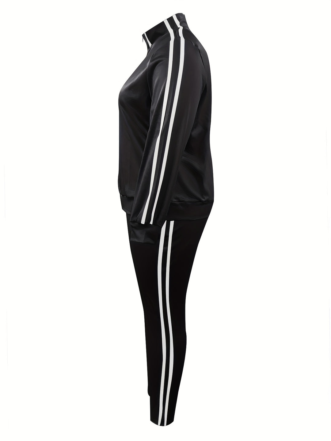 Plus Size Casual Outfits Two Piece Set, Women's Plus Stripe Print Zip Up Long Sleeve High Neck Jacket & Pants Outfits 2 Piece Set