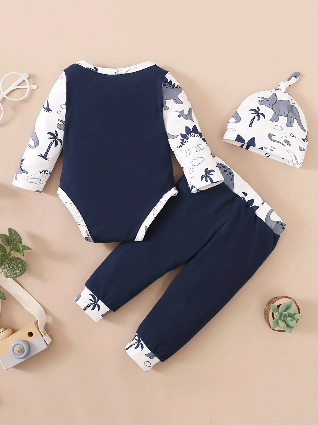 Infant Baby Boy's Cotton Casual Three-piece Set, Dinosaur Letter Print Romper  + Trousers + Hat