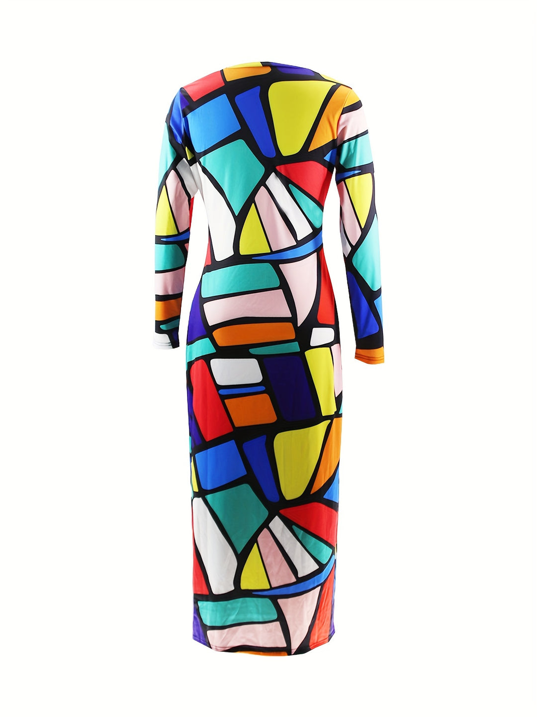 Geo Print Colorful Maxi Dress, Casual Crew Neck Long Sleeve Bodycon Dress, Women's Clothing