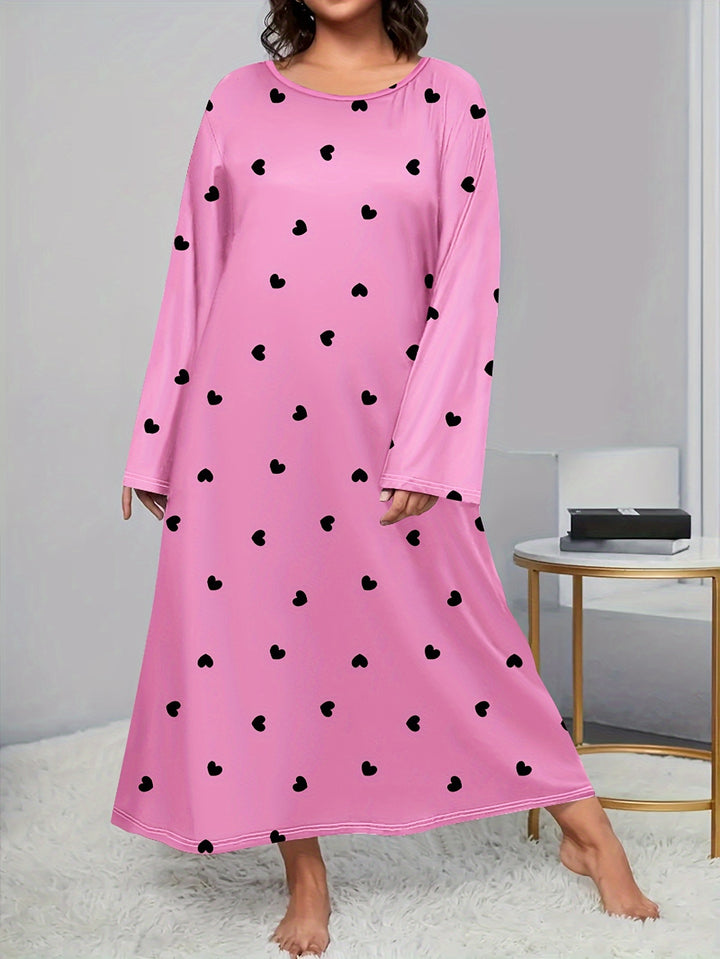 Plus Size Valentine's Day Elegant Nightdress, Women's Plus Heart Print Long Sleeve Round Neck Sleep Dress