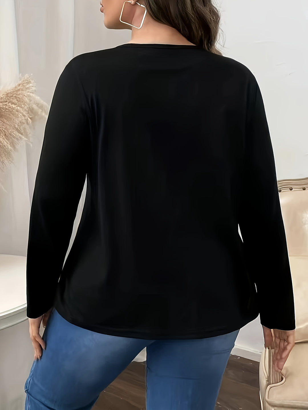 Women's Valentine's Day T-shirt, Plus Size Heart & Slogan Print Long Sleeve Round Neck T-shirt