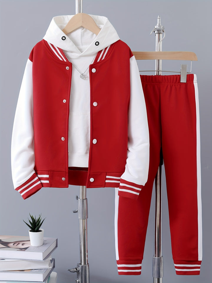 2pcs Boy's Varsity Jacket Outfit, Button Front Coat & Sweatpants Set, Color Clash Bomber Jacket, Kid's Clothes For Spring Fall Winter