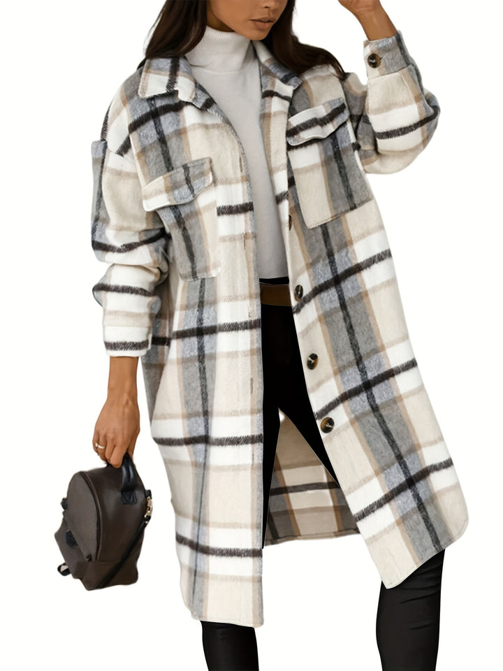 Plaid Print Shacket Jacket, Casual Button Front Turn Down Collar Long Sleeve Mid Length Outerwear, Women's Clothing