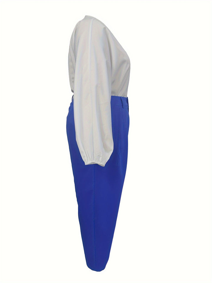 Plus Size Colorblock Two-piece Set, V Neck Button Front Long Sleeve Top & Pleated Pants Outfits, Women's Plus Size Clothing