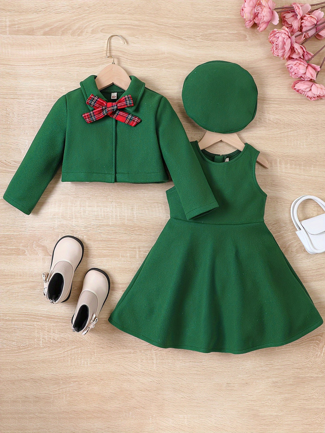 Girl's Elegant Outfit 3pcs, Bowknot Coat & Beret & Tank Dress Set, Kid's Clothes For Spring Autumn Christmas