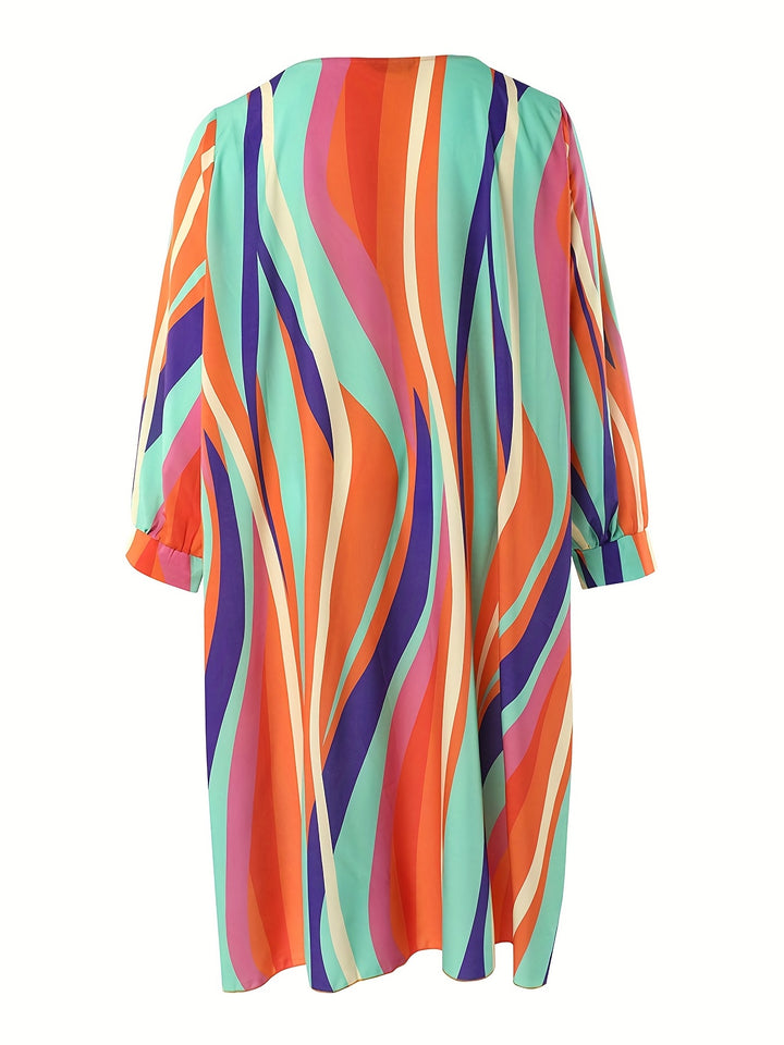 Plus Size Rainbow Striped Loose Fit Maxi Dress, Women's Plus Casual Round Neck Dress