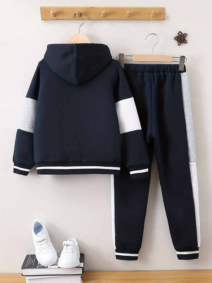 Boy's Color Clash 2pcs, Hooded Jacket & Sweatpants Set, Windproof Casual Outfits, Kids Clothes For Spring Fall