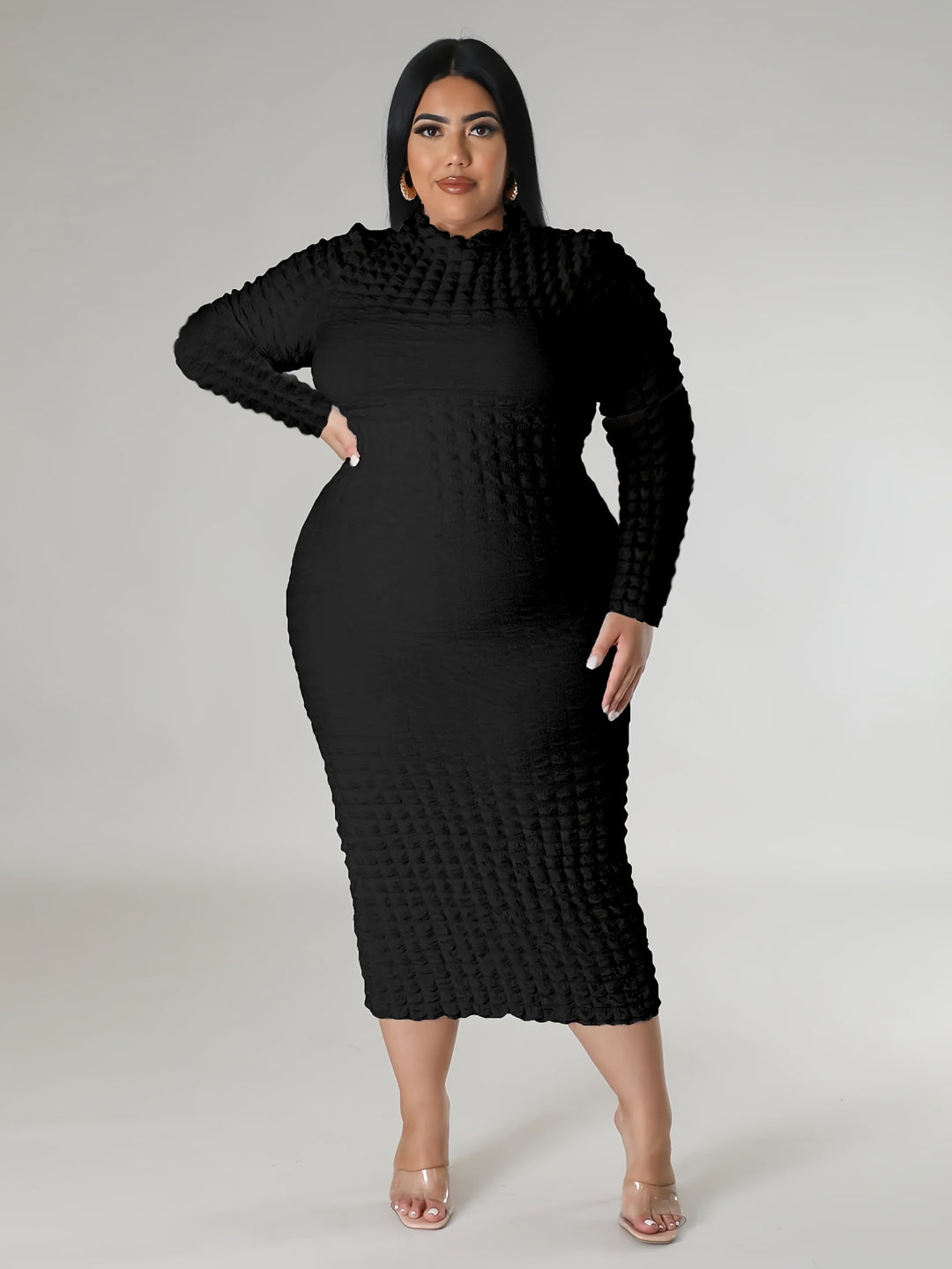 Plus Size Casual Dress, Women's Plus Solid Crinkle Long Sleeve High Neck Slim Fit Midi Dress