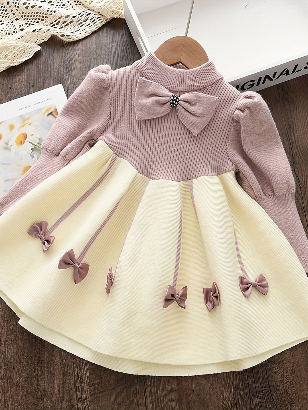 Girl's Bowknot Decor Elegant Dress, Knitted Puff Sleeve Dress, Kid's Clothes For Spring Fall