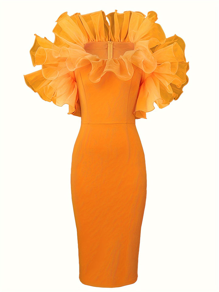 Plus Size Elegant Dress, Women's Plus Solid Exaggerated Frilly Sleeve Round Neck Bodycon Midi Dress