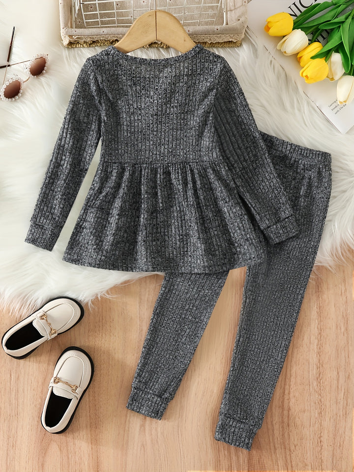 Toddler Girls Ribbed Long Sleeve Flared Hem Top + Matching Pants Kids Clothes