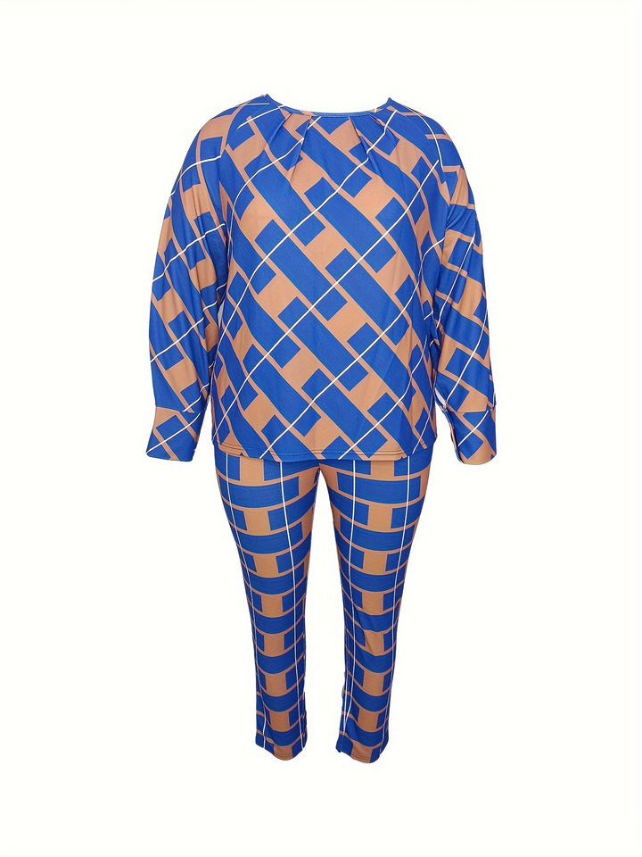 Plus Size Casual Outfits Set, Women's Plus Geometric Print Long Sleeve Round Neck Top & Pants Outfits 2 Piece Set