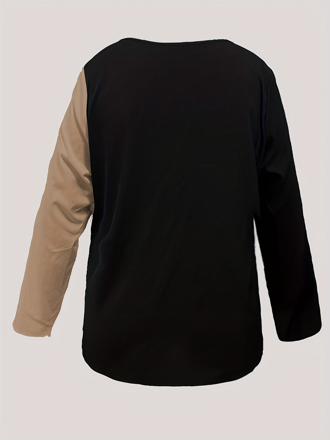 Plus Size Casual Blouse, Women's Plus Colorblock Sequin Notched Neck Long Sleeve Asymmetrical Hem Top