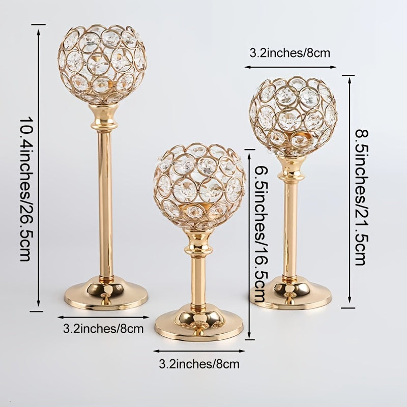3 Pcs Crystal Candle Holder 3 Sizes Tea Light Candlestick Holders For Wedding Table Centerpiece, Table Decor, Tealight Candlestick Holder For Fireplace Candelabra, Home Living Room Decor,Candlestick Holders Metal Wedding Polished Tabletop