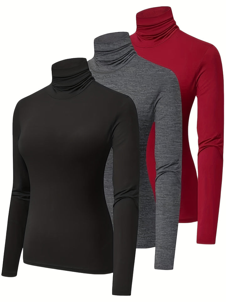 3 Packs Turtleneck T-Shirts, Casual Long Sleeve Top For Spring & Fall, Women's Clothing