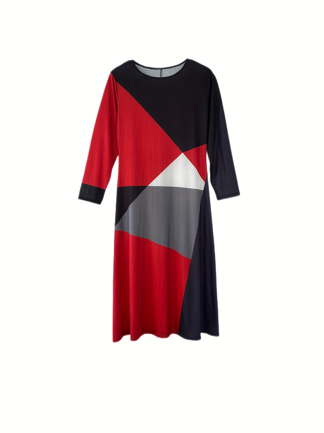 Plus Size Casual Dress, Women's Plus Colorblock Long Sleeve Round Neck Slight Stretch Maxi Dress