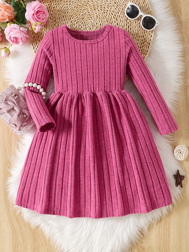 Girls Solid Color Dress Simple And Versatile Round Neck Long Sleeve Dress