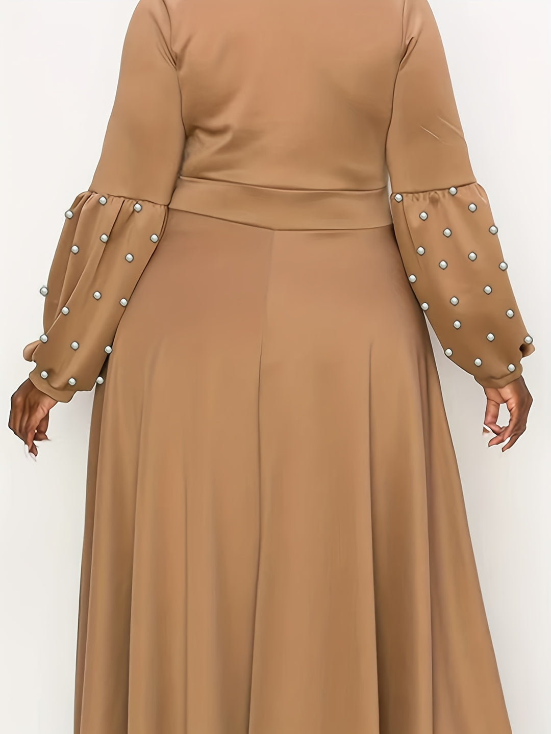 Plus Size Elegant Dress, Women's Plus Plain Faux Pearl Decor Knot Front Loose Fit Maxi Party Dress