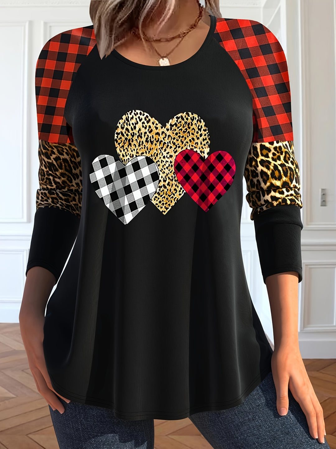 Plus Size Casual T-shirt, Women's Plus Leopard & Plaid Heart Print Long Sleeve Round Neck Slight Stretch T-shirt