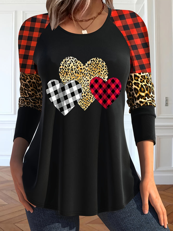 Plus Size Casual T-shirt, Women's Plus Leopard & Plaid Heart Print Long Sleeve Round Neck Slight Stretch T-shirt