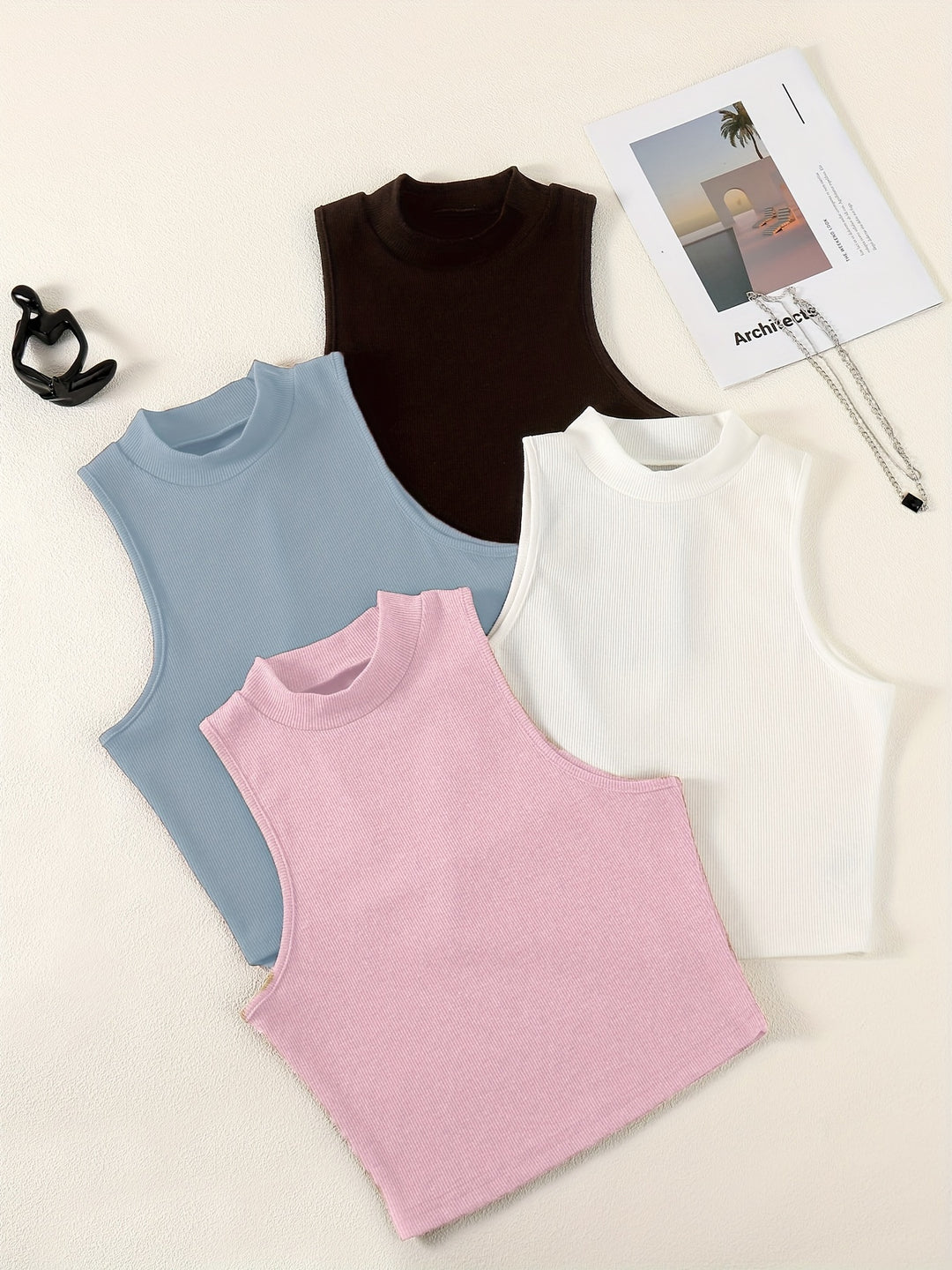Solid Summer 4pcs Tank Tops, Casual Crew Neck Sleeveless Knit Tank Tops, Women's Clothing