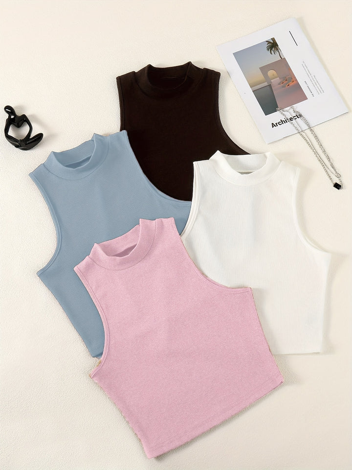 Solid Summer 4pcs Tank Tops, Casual Crew Neck Sleeveless Knit Tank Tops, Women's Clothing