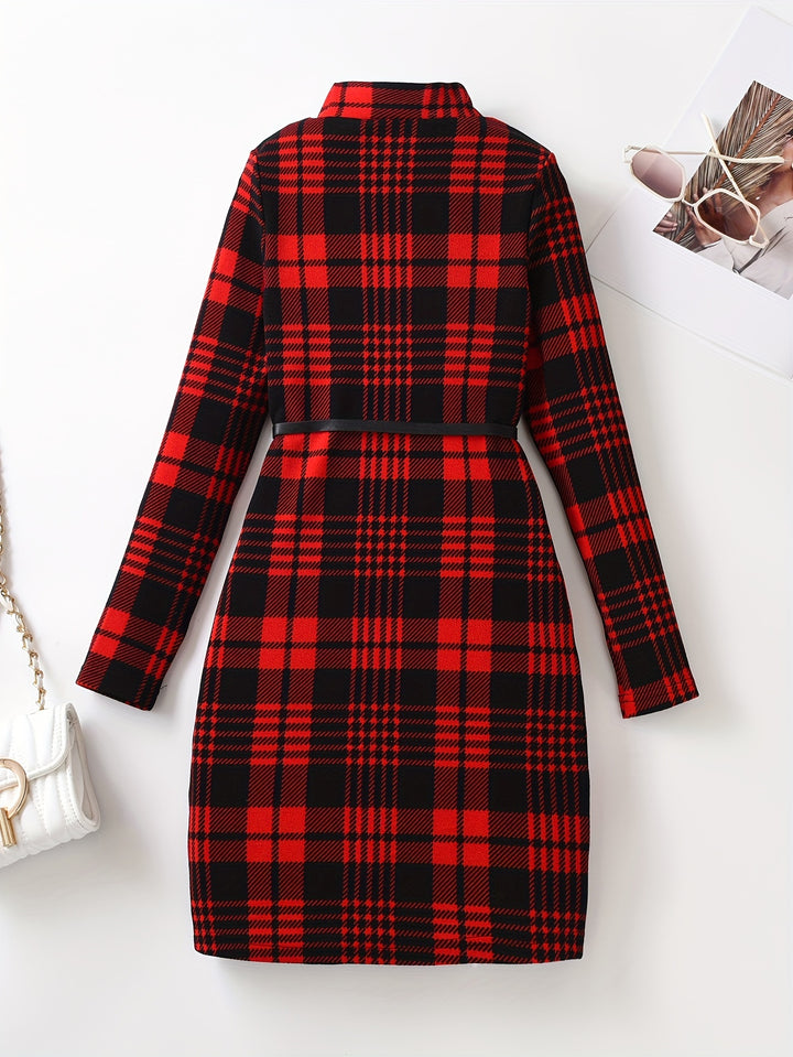 Vintage Girls' Plaid Turtleneck Long Sleeve Dress Kids Clothes For Fall Party
