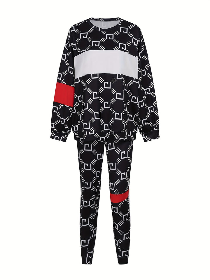 Plus Size Casual Outfits Two Piece Set, Women's Plus Colorblock Geometric Print Long Sleeve Round Neck Top & Pants With Pockets Outfits 2 Piece Set