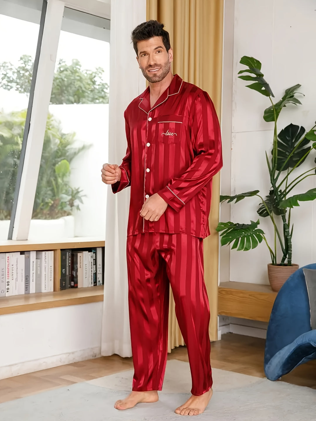 Men's Love Stripe Pattern Long Sleeve Ice Silk Pajamas Set, Button Down Pocket Shirt Top & Trousers Long Pants, Simple Casual Loungewear Set For Spring Autumn Outdoor Home Wear, Two-piece Men's Outfits