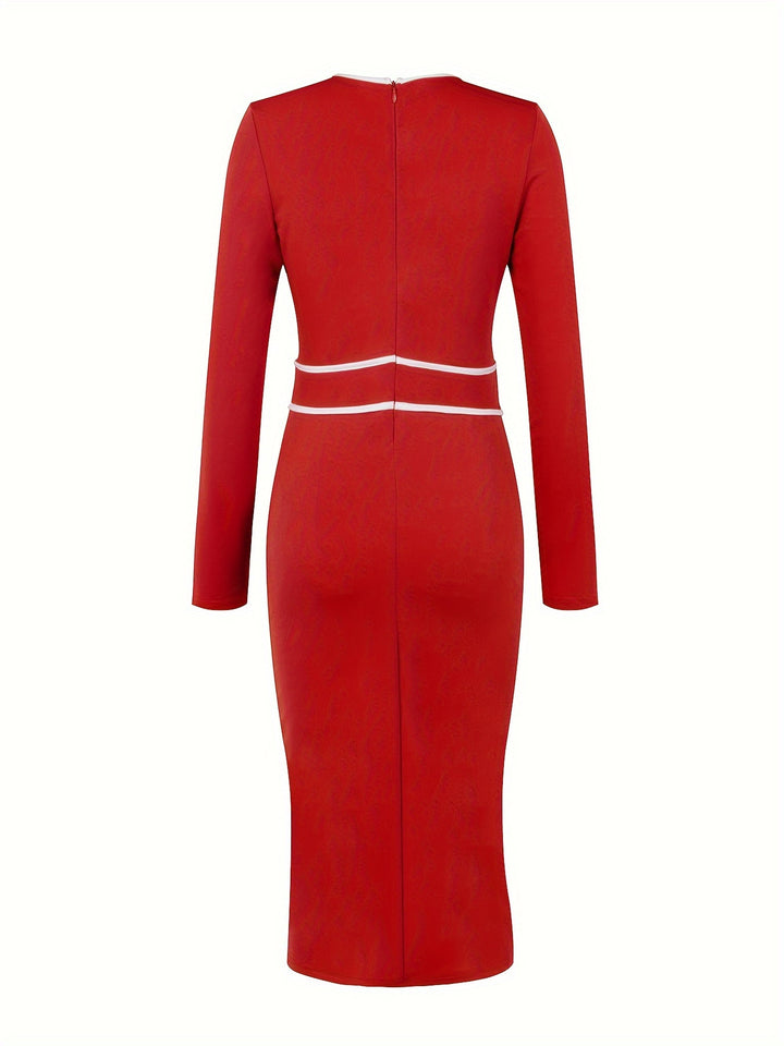 Contrast Trim Ruffle Midi Dress, Elegant Keyhole Long Sleeve Bodycon Dress, Women's Clothing